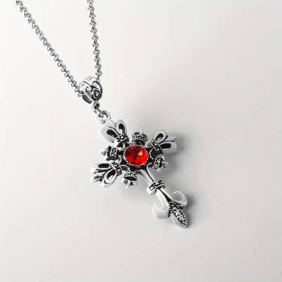 Necklace Ornate Cross Pendant Silver Magic Goth Crystal Fleur de lis Spiritual - Picture 4 of 5